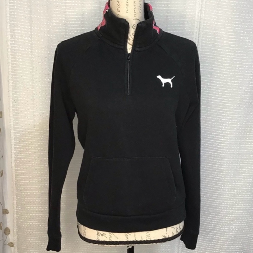 PINK Victoria’s Secret black fitted half zip pullover sweater large collar logo
